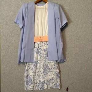 Vintage Leslie Fay Womens 12 2pc Tea Dress Set Blue White Tropical Palm Leaf 80s